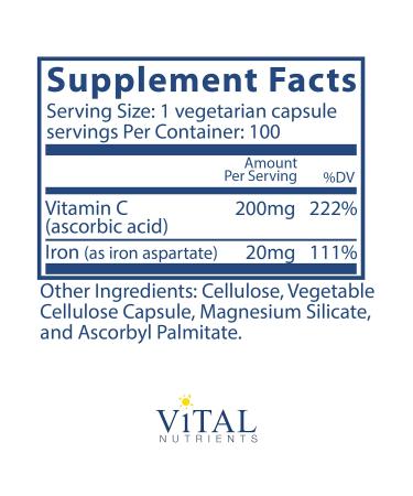 Vital Nutrients Iron Plus C - 100 Vegetarian Capsules - 20 mg Iron / 200 mg Vitamin C | Supports Healthy Cognition and Energy Levels - Buy Online on GoSupps.com