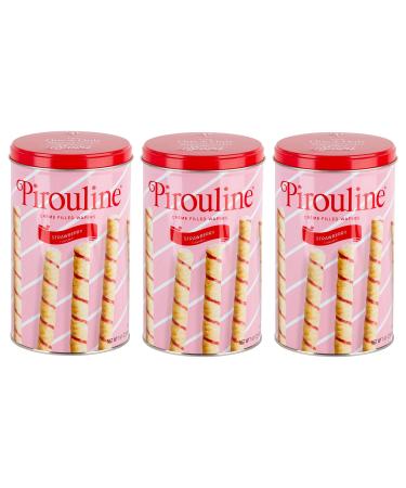 Pirouline Crème Filled Rolled Wafers: Strawberry. (Pack of 3) 14.1 Ounce Tins in New Protective Packaging