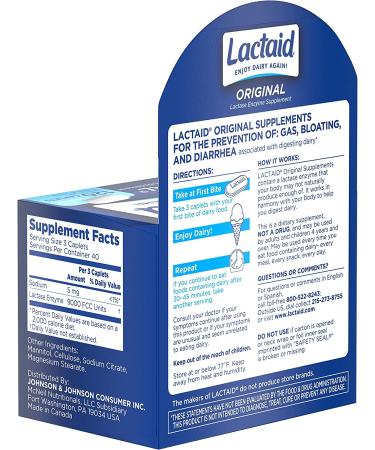 Lactaid Original Strength Lactose Intolerance Relief Caplets 120 ct - Natural Lactase Enzyme Dietary Supplement for Gas, Bloating & Diarrhea Prevention - Buy Online on GoSupps.com
