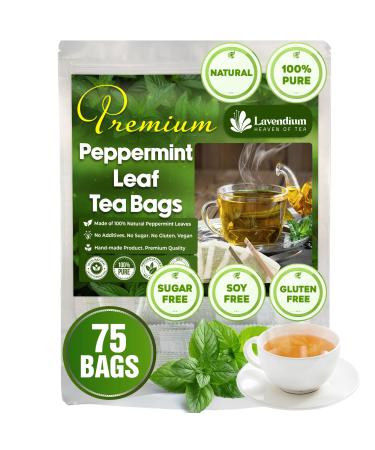 Lavendium Premium 75 Peppermint Tea Bags 100% Natural & Pure Peppermint Leaves. Loose Leaf Peppermint Herbal Tea. Peppermint Leaf Tea. No Sugar No Caffeine No Gluten Vegan.