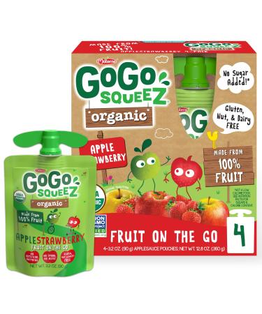 GoGo squeeZ Organic Fruit on the Go, Apple Strawberry, 3.2 oz. (4 Pouches) - Tasty Kids Applesauce Snacks Made from Organic Apples & Strawberries - Gluten Free Snacks - Nut & Dairy Free - Vegan Snacks Apple Strawberry 3.2 Ounce (Pack of 4)