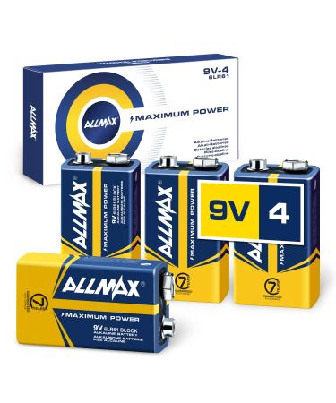 Allmax 9V Maximum Power Alkaline Batteries (4 Count)  Ultra Long-Lasting, 7-Year Shelf Life, Leakproof Design  Perfect for Smoke Detectors & Wireless Microphones (9 Volt) 1 Count (Pack of 4)