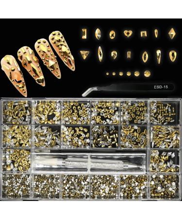Nail Rhinestones Kit Crystal Rhinestones for Nail Decoration Nail Art Supplies Glass Gems Stones for Nail DIY Crafts Clothes Shoes Jewelry(700 Diamonds + 3480 Flat Rhinestones) Gold