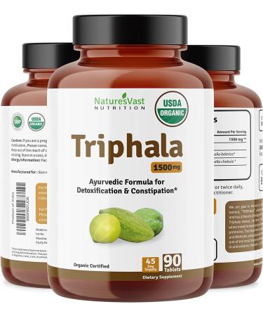 Organic USDA Certified Triphala Tablets - 1500mg Gut Health & Detox Formula | Colon Cleanse, Immunity Boost, Vegan Non-GMO Gluten Free | 90 Tablets - Buy Online on GoSupps.com