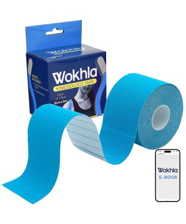 Blue Kinesiology Tapes Waterproof - Latex Free Muscle & Physio Tape 5M Roll Strong Grip Medicated Glue Sports Tape Strapping for Ankle Knee & Shoulder-Includes E-Manual with Instructions