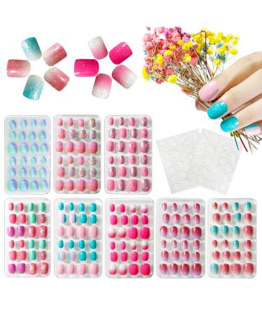 Kalolary 8 boxes children fingernails pink coloring children artificial nails press on nails short full cover false nail set with 2 pieces nail glue sticker artificial nail tips gift for girls