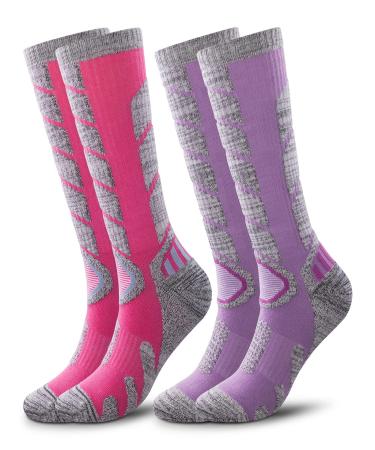 Ski Socks Women Men,Thermal Skiing & Snowboard Socks, Cold Weather, Winter Performance Socks 2-Pack Hot Pink-purple Medium-X-Large