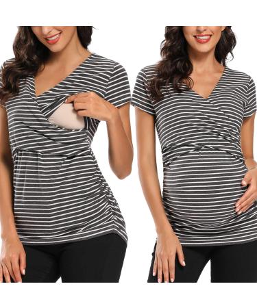 Love2Mi Maternity Nursing Shirt Short Sleeve V-Neck Breastfeeding T-Shirt Pregnancy S Dark White Stripe