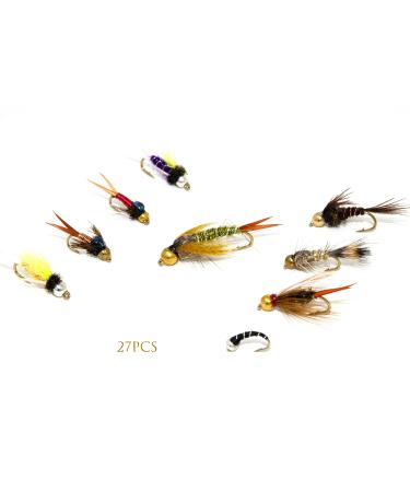 Outdoor Planet Favorite Fly Fishing Flies Assortment | Dry, Wet, Nymphs, Streamers, Wooly Buggers, Hopper, Caddis | Trout, Steelhead, Bass Fishing Lure Set 27 Top Producing Nymph