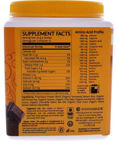 Sunwarrior Classic Plus Protein - Organic Plant-Based Chocolate 13.2 oz | Healthy Vegan Protein - Buy Online on GoSupps.com