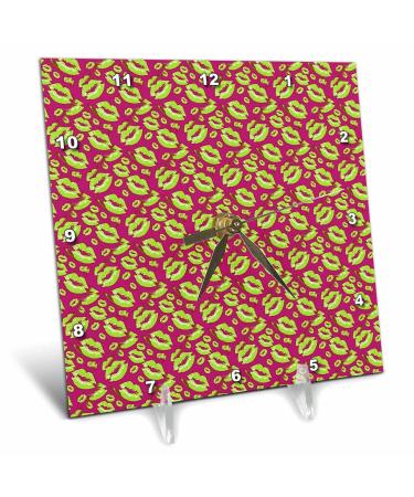 3dRose 6x6 Desk Clock - Two Kisses Collided Lip Smacking Lime Colored Lips Pattern Pattern - Lipstick Kisses