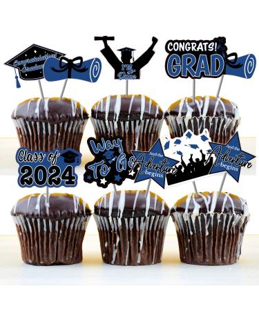 48pcs Graduation Cupcake Toppers Blue Grad Cap Diploma Cupcake Toppers Supplies for Graduation Class of 2024 Party Decorations 8 designs