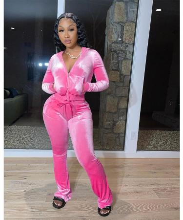 Yidengymx Women's Velour Tracksuit Set | Pink Hoodie & Wide Leg Pants | Long Sleeve Crop Top | Medium - Buy Online on GoSupps.com
