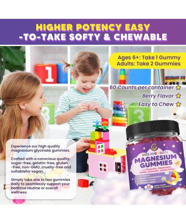 (2 Pack) Magnesium Glycinate Gummies for Kids & Adults, Sugar Free Magnesium Glycinate 400/200mg Supplement with Chamomile, Lavender, L-Theanine & GABA, B6, D3 & K2 for Relax, Brain, Immune Support - Buy Online on GoSupps.com
