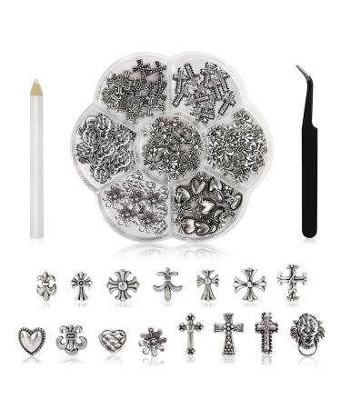 Ruzister 75 pieces 3D-nail charts cross chrome-plated metal silver nail art charm with gothic retro-punk heart and dead heads manicure nail art decorations - Buy Online on GoSupps.com