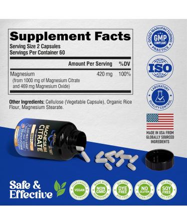 Magnesium Citrate Capsules 1000mg | High Absorption Supplement - Sleep Muscle & Heart Support - Vegan | Non-GMO - Made in USA - As Powder | Pills | Tablets - 120 Capsules 2 Month Supply 120 Count (Pack of 1) - Buy Online on GoSupps.com