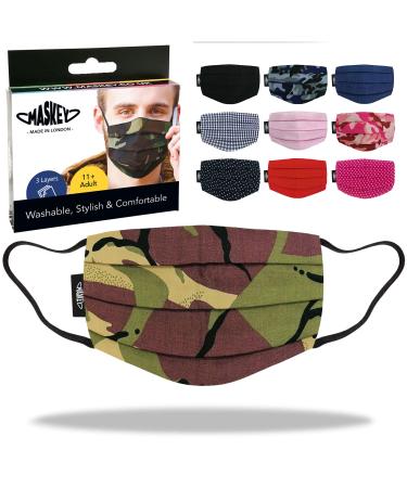 Green Camo Washable and Reusable Face Mask from MASKEY | 3 Layers of Blended Cotton | Unisex and Super Stylish | Made in London UK | Lasts Over 100 Washes (Green Camo)