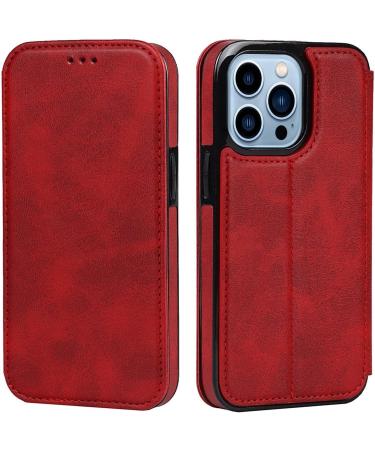 BRART Wallet Case for iPhone 13/13 Pro/13 Pro Max PU Leather Magnetic Protective Flip Case Cover with Credit Card Slot Viewing Stand Shockproof TPU (Color : Red Size : 13 6.1") 13 6.1" Red