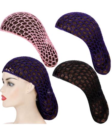 WILLBOND 3 Pieces Women Mesh Hair Net Mesh Crochet Hair Net Crocheted Hair Net Cap Colored Short Snoods (Pink  Black  Purple)