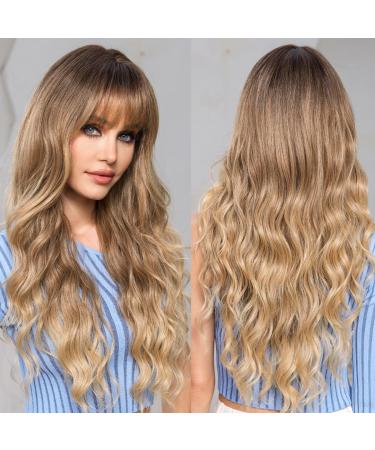 EMMOR Ombre Ash Blonde Wigs for Women Highlight Color Wigs with Bangs Long Curly Heat Resistant Fiber Synthetic Wig Daily Natural looking
