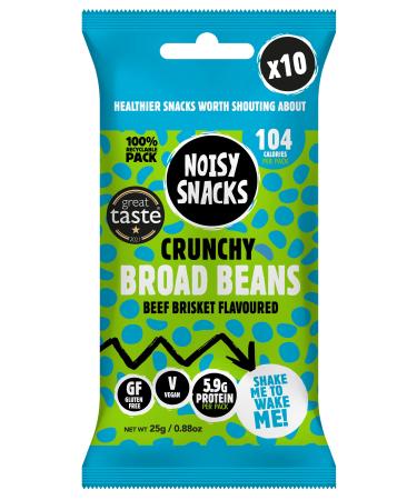 Noisy Snacks - Beef Brisket Crunchy Broad Beans Great Taste Award Winning Hint of Salt & Spicy Healthy Low Calorie Snack High Protein & Fibre Vegan Gluten Free Palm Oil Free 10 x 25g Recyclable Vegan Beef Brisket Broad Beans 250 g (Pack of 1)