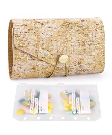 Natural Cork Bag Pill Organizer 2 Times a Day Exquisite Binder Designed with 7pcs + 3pcs(Spare) EVA Pill Pouches.(Golden)