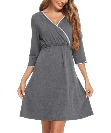 Sykooria Women's Cotton Nursing Nightdress - Dark Grey XL | Maternity Labor & Delivery Gown - Buy Online on GoSupps.com