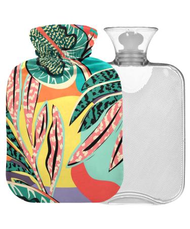 NAANLE hot hot water bottle with cover cartoon tropical leaves Transparent hot water bottle heat bottle for back pain relief handfoot warmer neck warmth and cold therapy 2l