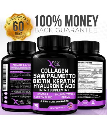 16-in-1 Beauty Supplement with Collagen, Saw Palmetto, Biotin, Keratin & Hyaluronic Acid - Hair Skin & Nail Growth - 90 Capsules - Buy Online on GoSupps.com