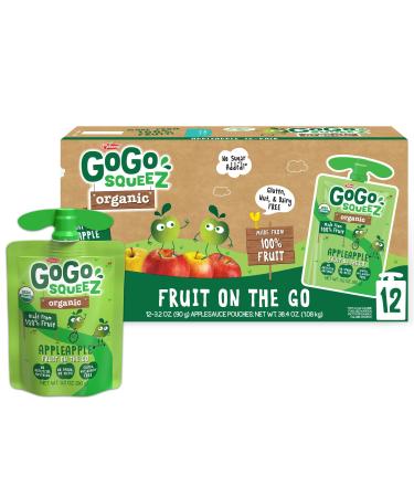 GoGo squeeZ Organic Fruit on the Go, Apple Apple, 3.2 oz. (Pack of 12) - Tasty Kids Applesauce Snacks Made from Organic Apples - Gluten Free Snacks For Kids - Nut & Dairy Free - Vegan Snacks Apple Apple 12 Pouches