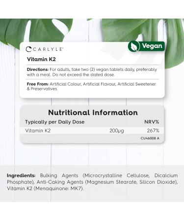 Vitamin K2 MK7 200ug | 180 Vegan Tablets for Blood Clotting & Bone Support | Vegetarian & Vegan-Friendly | Carlyle - Buy Online on GoSupps.com