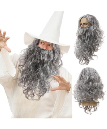 UILYNIU Wizard Wig and Long Beard Men's Long Curly Grey Wig Cosplay Wizard Sorcerer Prophet Wig for Carnival Halloween Christmas Costume Wigs Old Men Cosplay Wig Adult Fancy Dress Party Wig (Grey)