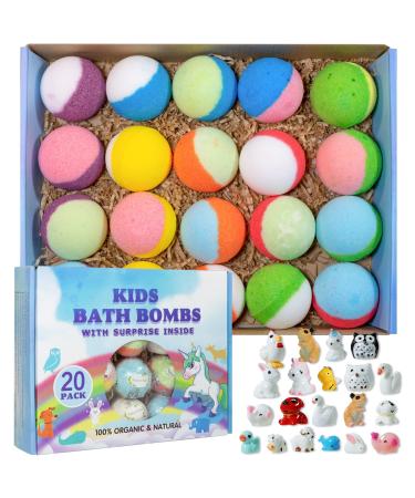 Bath Bomb Gift Set with Toys Inside, 20 Pack Organic Bath Bombs for Kids, Kids Safe Handmade Fizzy Balls for Kid, Ideal Birthday Gift for Boys & Girls)