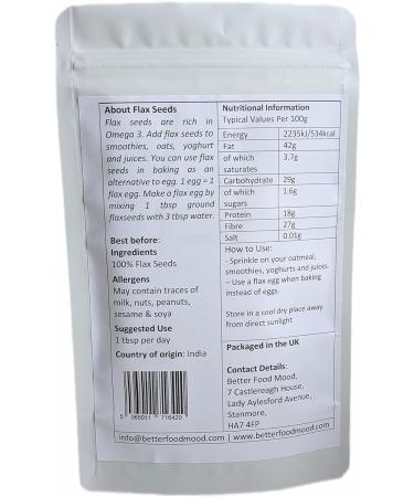 BetterFoodMood Raw Linseed/Flaxseed 100g | Ready to Eat | Unsalted Unroasted | Rich in Omega 3s | High in Protein | for Smoothies Oatmeal Baking - Buy Online on GoSupps.com