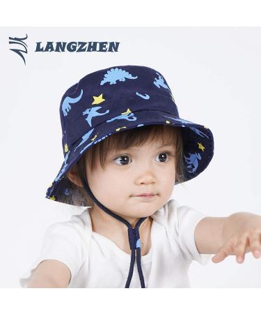 LANGZHEN Beach Sun Protection Hat for Baby Girls | Adjustable Wide Brim Toddler Kids Hat with Chin Strap | Navy Dinosaurs | 1-2 Years - Buy Online on GoSupps.com