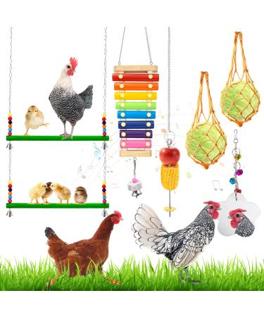 Woiworco Chicken Toys for Coop, Chicken Xylophone Toys for Hens, Chicken Swing Ladder Toys, Chicken Mirror Toy, Chicken Pecking Toys and Vegetable Hanging Feeder for Chicken Coop Accessories 7 Packs Chicken Toys