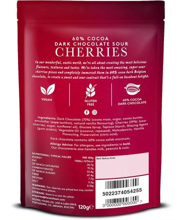 Forest Feast 60% Cocoa Dark Chocolate Sour Cherries 6 x 120g | Sweet Dried Cherries Chocolate Covered Fruit Snack with 60% Belgian Dark Chocolate Gluten Free & Vegan Snack - Buy Online on GoSupps.com