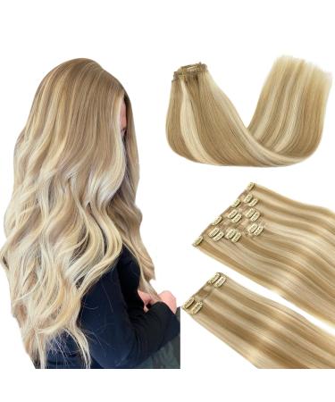 Doores clip in extensions real hair dirty blonde highlights bleached blonde 40cm 16 inch 9 pieces 150g remy clip in hair extension natural real hair extensions straight thick hair 40cm-15/613 dirty blonde highlight bleaching blonde