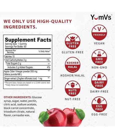 YumVs Apple Cider Vinegar Gummies with The Mother + Ginger - 60 Count | Non GMO Vegetarian Supplement for Heart Health & Digestive Support | Natural Apple Flavor Chewables for Women & Men - Buy Online on GoSupps.com