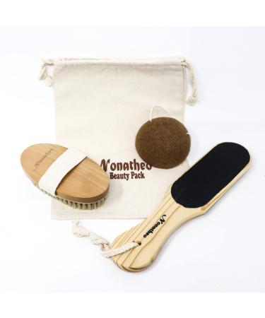 NONATHEO - Beauty Kit - 1x Body Dry Brush  1x Foot Callus Remover - 1x Face Konjac Sponge - Relaxes/Stimulates Blood Circulation - Keep Your Face/Body/Feet Clean and Healthy - Free Canvas Bag