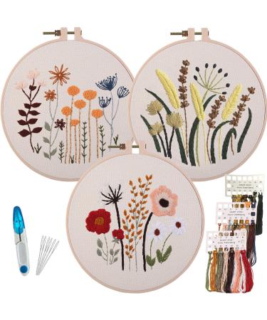 3 Sets of Beginner Embroidery Kits with 3 Patterns and 6 Needles  Needlepoint Kits for Adults Including Embroidery Floss 3 Plastic Hoops and 3 Cotton Fabric beige