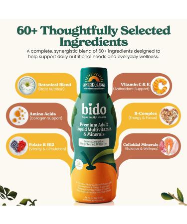 Bido Adult Liquid Multivitamin & Minerals for Women and Men | 60+ Nutrients for Energy Immunity Mood | Orange Flavor 32 Servings - Buy Online on GoSupps.com