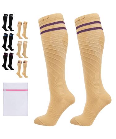 360 RELIEF - Flight Compression Socks Supports | Blood Circulation Travel Work S-M 2Pairs-Beige with 2 Plum Purple lines