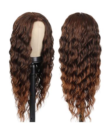 LuLu haireate Long Curly Wigs for Black Women  Ombre Brown Deep Wave Wig with Middle Part 26 Inch Synthetic Heat Resistant Wig for Daily Use