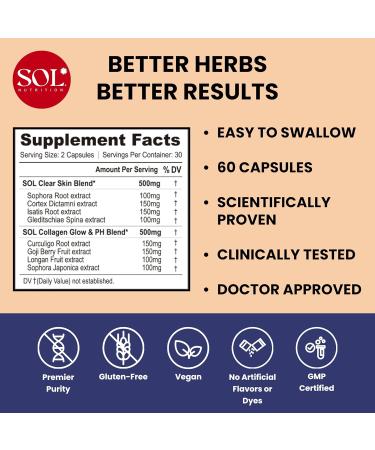 Sol Nutrition Glisten N Glow Supplement: Skin Vitamins for Women Biotin, Collagen & Skin-Loving Vitamins A, B, C, E for Clear Complexion & Youthful Glow, 60 Easy to Swallow Capsules - Buy Online on GoSupps.com