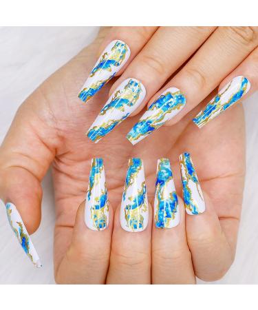 Artquee 24pcs Blue Press on Nails Long Ballerina - Glossy Acrylic Fake Nails with Gold Stroke Designs - Coffin False Tips for Women and Girls - Buy Online on GoSupps.com