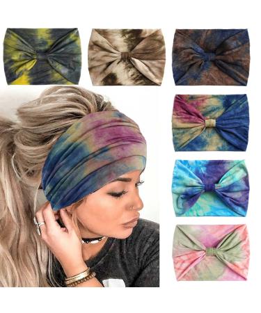 QUEXIAOMIN Extra Wide Headbands for Women Boho Headband Non Slip Tie Dye Head Wraps Thick African Style Turban Head Band Knotted Bandana Headbands Pack of 6 (Set A)