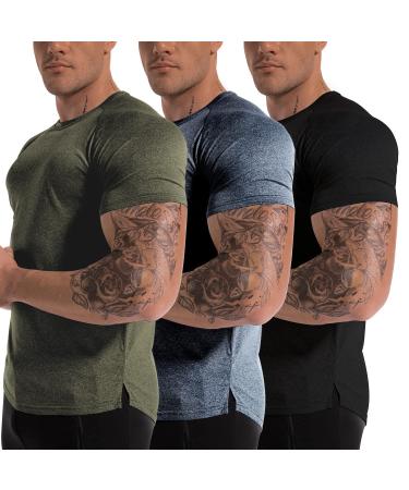 Men's 3pack Dry Fit Workout Gym Short Sleeve T Shirt Moisture Wicking Active Athletic Performance Running Shirts 3pack:solid Black+melange Dark Gray+melange Army Green Large
