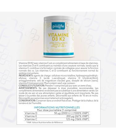Vitamine D3 K2 MK7 + C Pi Life 200 comprim s | 2000 UI Vitamine D 200 g K2 125 mg Vit C | Immunit nergie & Soutien des Os et Dents | Boost Energie 200 unit (Lot de 1) - Buy Online on GoSupps.com