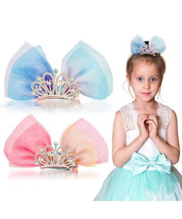 WHAVEL 2 Pack Cute Hair Bows for Girls 5 Bow Hair Clips Diamond Crown Pins Princess Hair Bows Hair Barrettes Birthday Hair Bow Hair Accessories for Girls Kids (A)